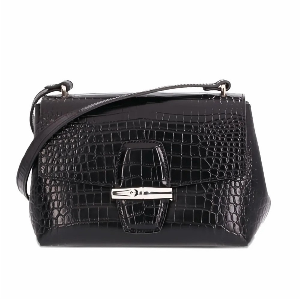 ‼️NEW Authentic Longchamp Roseau Black Croc Embossed Leather Crossbody Bag